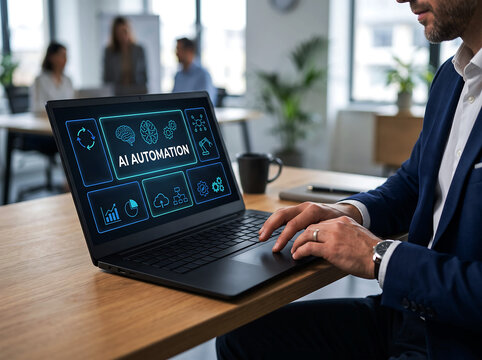 Man using laptop with AI automation concept on screen and colleagues working in modern office environment.