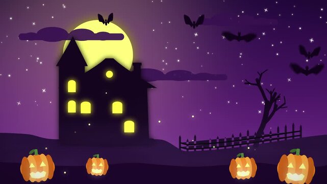 Haunted House on the Hill Halloween Background with Full Moon