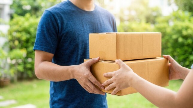 Delivery service courier handing over cardboard boxes parcel to a female customer.