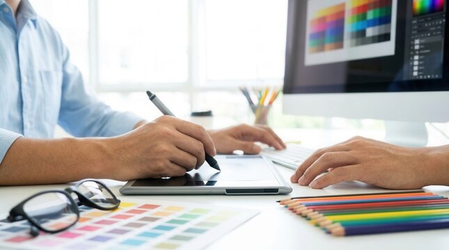 Creative professional working on color selection and digital illustration with a graphics tablet.