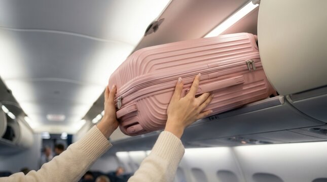 A person lifting a pink carry on suitcase into an airplane overhead bin for a flight departure.