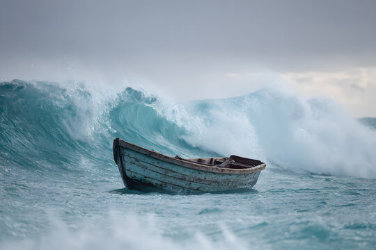 a small boat in the middle of a large wave