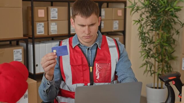 Man holding creditcard and typing on laptop in warehouse building, wearing red safety vest and surrounded by shipping boxes and barcode scanner; efficiency focus.