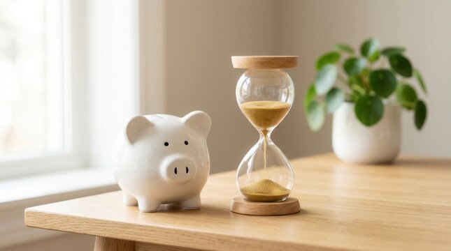 A white piggy bank next to an hourglass to symbolize business budget and company cost reduction.