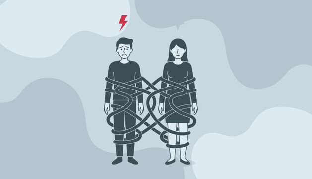 Stressed couple feeling trapped and distant, physically entangled and bound together by messy dark ropes on a grey background.