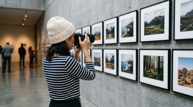 A female photographer with a beanie captures photos of a collection of framed paintings on a white wall.