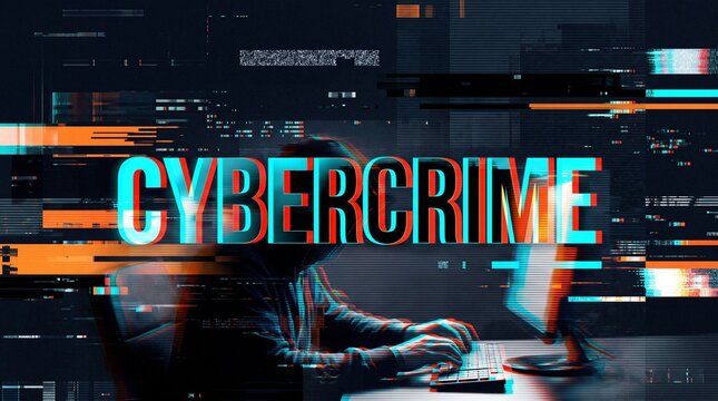 Person in a hooded sweatshirt typing on a computer keyboard with the word cybercrime overlaid on screen
