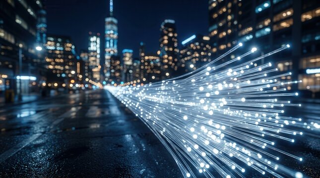 Digital fiber optic cables glowing with data under a metropolitan street.