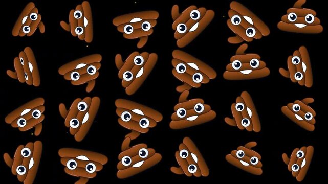 poop cartoon emoji character funny symbols flying on black background in playful seamless pattern illustration