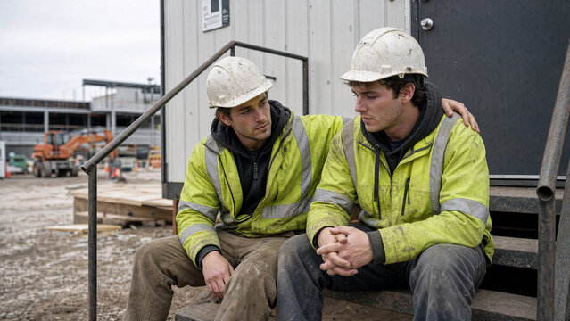 construction workers at construction site sitting outside  a portable cabin discussing problems with mental health. Worker supporting his colleague
