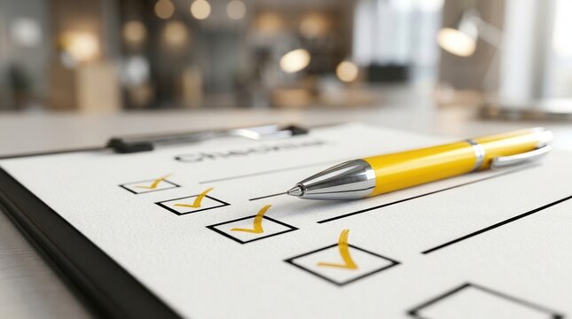 A completed checklist for policy implementation featuring checked boxes and a yellow pen.