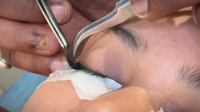 Close-up view of a professional lash artist using curved precision tweezers around the client&rsquo;s closed eye during a meticulous eyelash extension procedure.