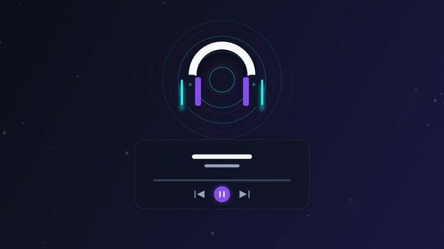 Headphone icon glowing on music player interface digital animation background
