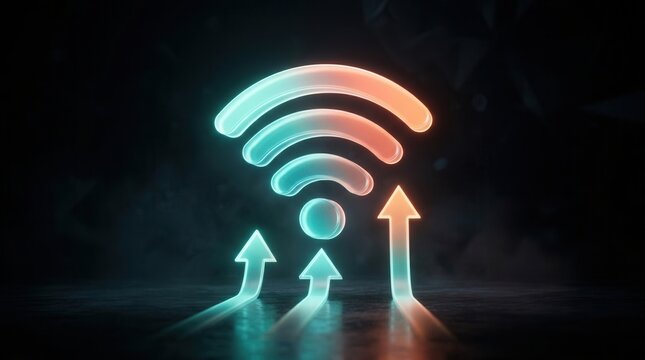 A luminous Wi-Fi icon with upward arrows representing increasing wireless connectivity.
