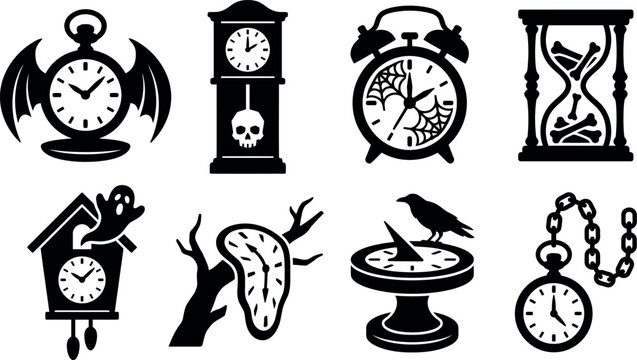 Halloween gothic timepieces vector illustration set featuring creepy clocks, skulls, cobwebs, and melting time symbols