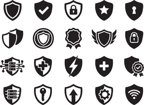 Minimal Black Shield Protection and Security Badge Icons Set for Digital Design