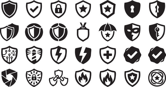 Black Shield Security Badge Collection with Protection and Cybersecurity Symbols