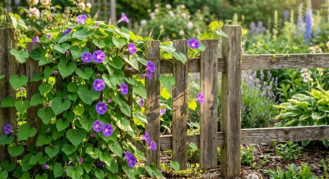 Rustic Wooden Fence Covered With Blooming Purple Morning Glory Flowers