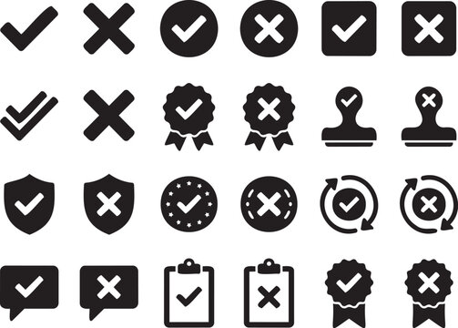 Black Check and Cross Validation Symbols with Approval and Error Status Icons