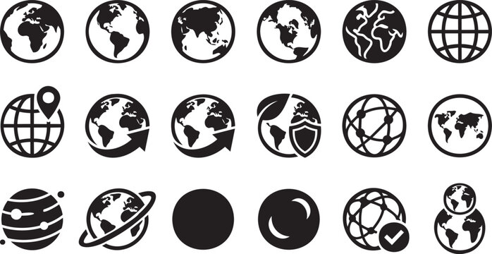 Minimal Black World Globe Icons Collection for Global Business and Travel Design