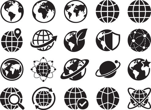 Black World Globe and Planet Earth Symbols Collection for Global Design Projects