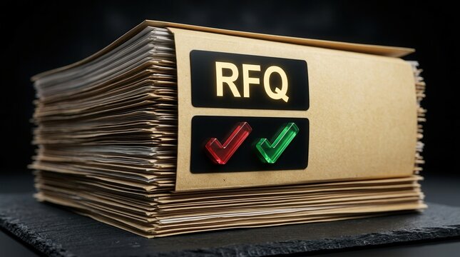 A pile of RFQ documents featuring red and green check marks indicating approval or rejection.