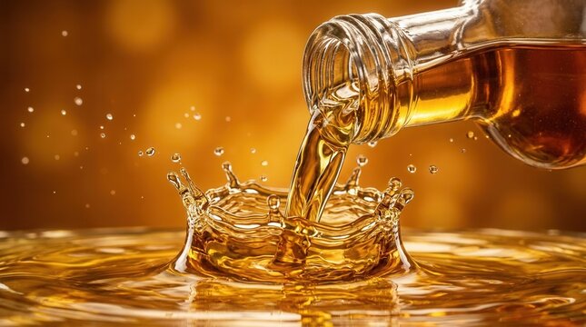 Close-up of amber liquid being poured from a glass bottle with droplets and splashes.
