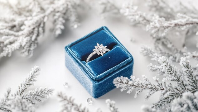Diamond ring in a blue velvet box surrounded by frosted winter pine branches.