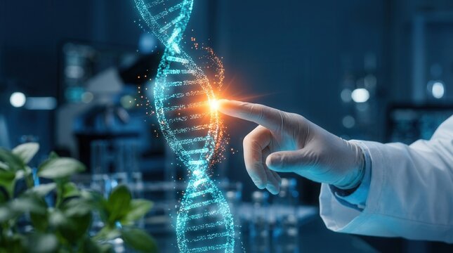Close up of a researcher performing CRISPR gene editing with a digital DNA helix.