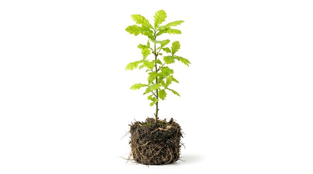 Small oak tree sapling with exposed roots and soil ball isolated on a clean white background ready for planting
