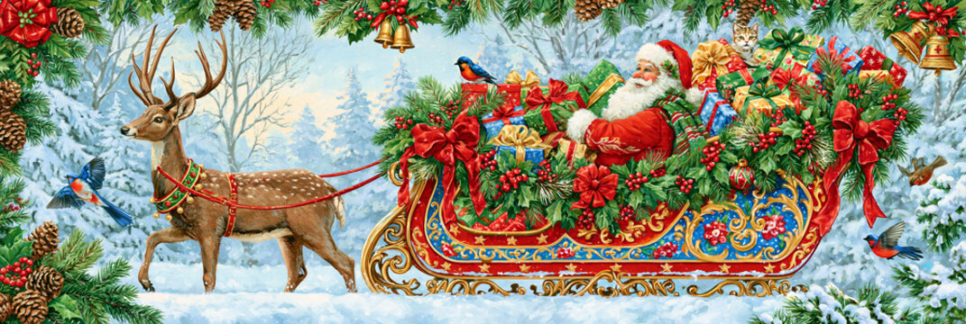 Weihnachtsmann im Schlitten mit Geschenken und Rentier, umrahmt von Tannenzweigen und Stechpalmen in Rot, Gr&uuml;n und Wei&szlig;, Illustration f&uuml;r Weihnachtskarten, Banner oder Einladungen.