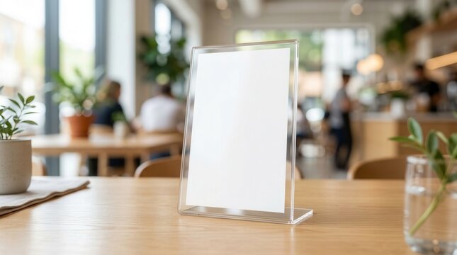Acrylic stand menu frame mockup on a wooden table in a bright cafe setting.