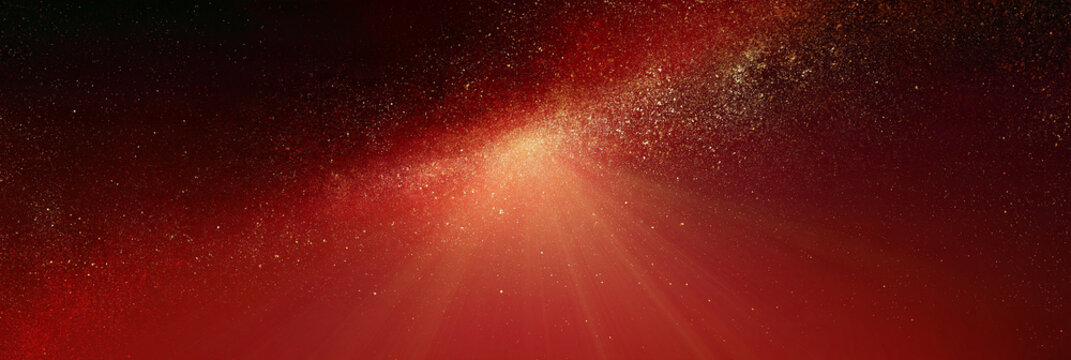 Abstrakter roter Lichtschein am Horizont mit glitzernden Partikeln vor dunklem Verlauf, digitaler Stil, f&uuml;r Website-Header, Pr&auml;sentationshintergr&uuml;nde oder Werbebanner.