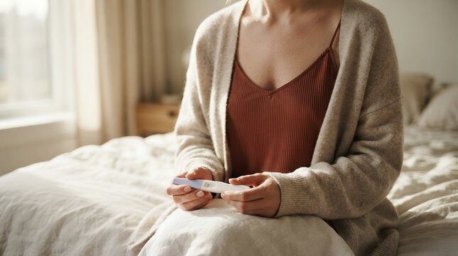 Anxious woman holding pregnancy test on bed, worried female sitting in bedroom with positive result, fertility and reproductive health concept