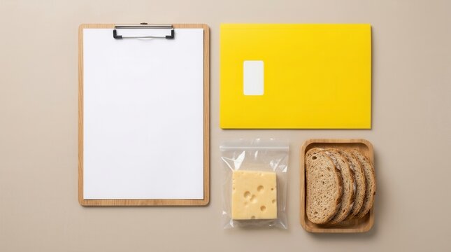 Food safety inspection concept with a clipboard, yellow folder, sealed cheese, and bread.