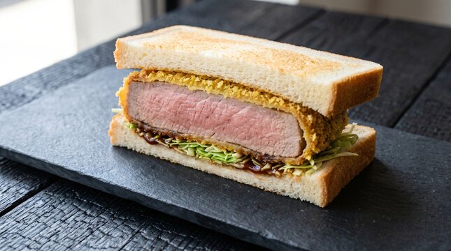 Gourmet Japanese pork katsu sando sandwich with thick crispy panko breaded cutlet, shredded cabbage, and tangy tonkatsu sauce between toasted milk bread on a dark slate board with ample copy space