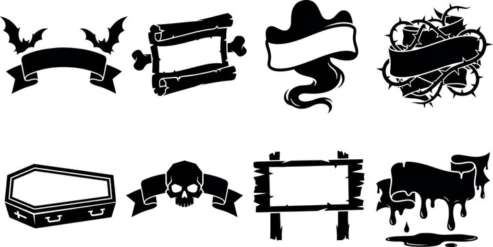 Spooky halloween vector banners and elements set with bats, skull, coffin, and thorny vines