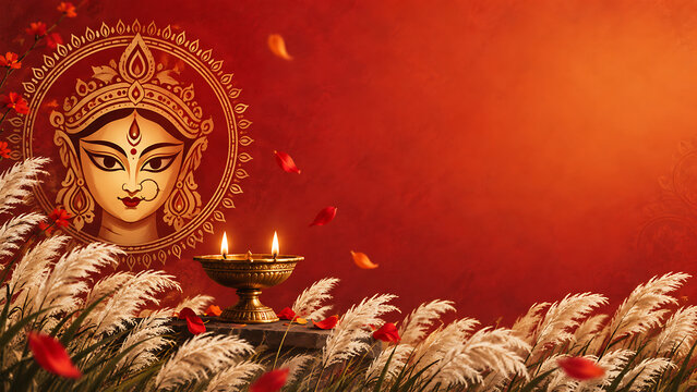 Artistic durga face with glowing oil lamp and kans grass celebrating mahalaya and durga puja on warm red festive cultural background design