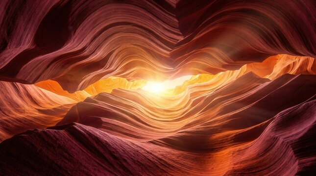 Smooth flowing textures of red and orange layered rock illuminated by bright light.