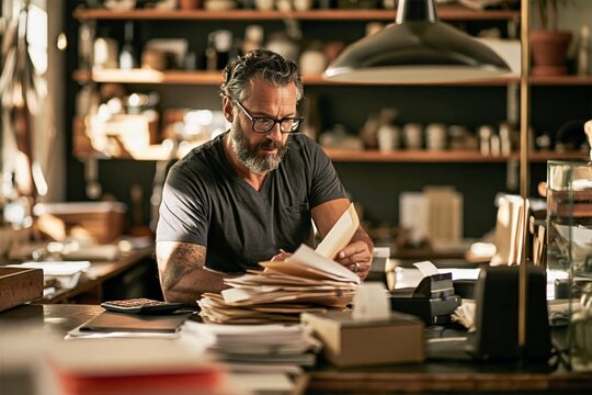 Small Business Owner Reviewing Cash Flow Documents at Shop Desk