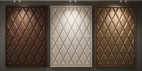 Obraz premium Three rectangular wall panels featuring diamond quilted leather upholstery in neutral tones