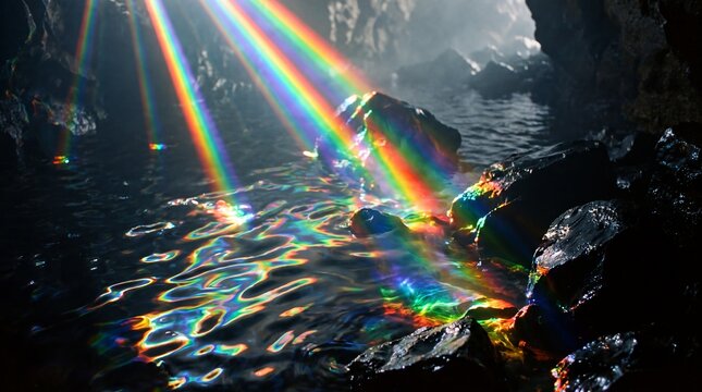Vibrant rainbow light beams shining into a dark mysterious underground cave with water and wet rocks