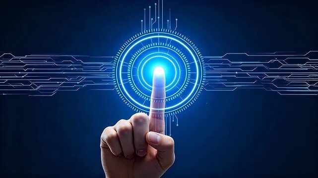 Finger touching blue glowing virtual interface with circuit rings