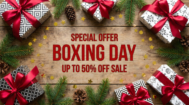 Boxing Day Sale Announcement with Christmas Decorations on Wooden Table