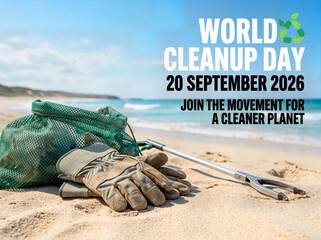 Obraz premium World Cleanup Day Poster with Global Action for a Cleaner Planet Text and Symbol Featuring Eco-Friendly Cleaning Tools, Gloves, and Green Vest