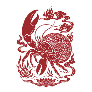 Oriental Chinese Paper Cut Hermit Crab Shell Lotus