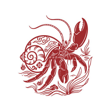 Chinese Style Paper Cut Decorative Hermit Crab Vector