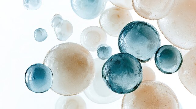 simple micro‑scientific illustration,engineered yeast microbes,semi‑transparent cell texture,pale beige and pale‑blue low‑saturation palette,pure white clean background,synthetic micro‑organism