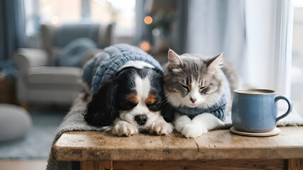 Naklejka na ściany i meble Two young pets wearing knitted sweaters sit together on wooden surface with metal mug, cozy home interior setting for lifestyle and companionship themes