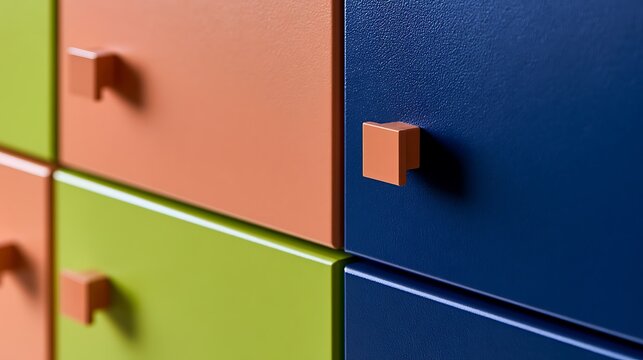 Colorful modern cabinet drawers with square handles.